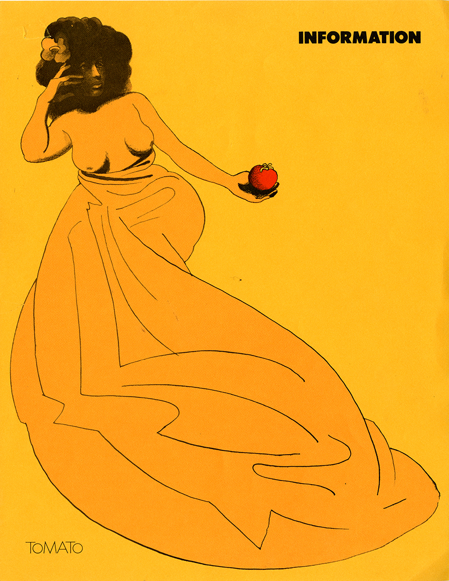 Topless woman in flowing gown holding a tomator